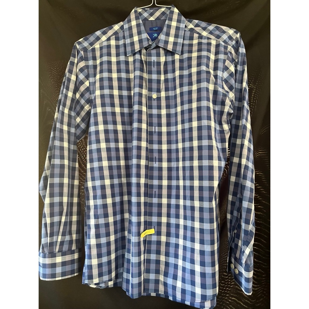 Men's EGARA non-iron slim fit 96% cotton button up blue checkered plaid‎ shirt